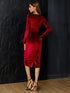 Elegant Wine Velvet Midi Party Dress for Women with Long Sleeves and Square Collar